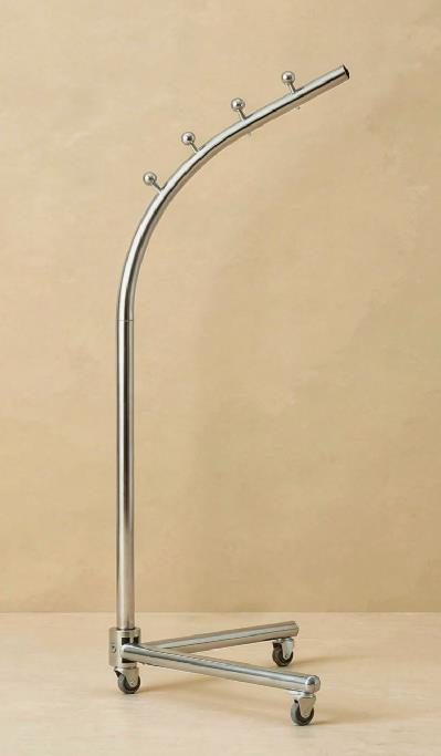GarmentsCart: a brushed steel cart with a curved arm, hanger hooks and four wheels